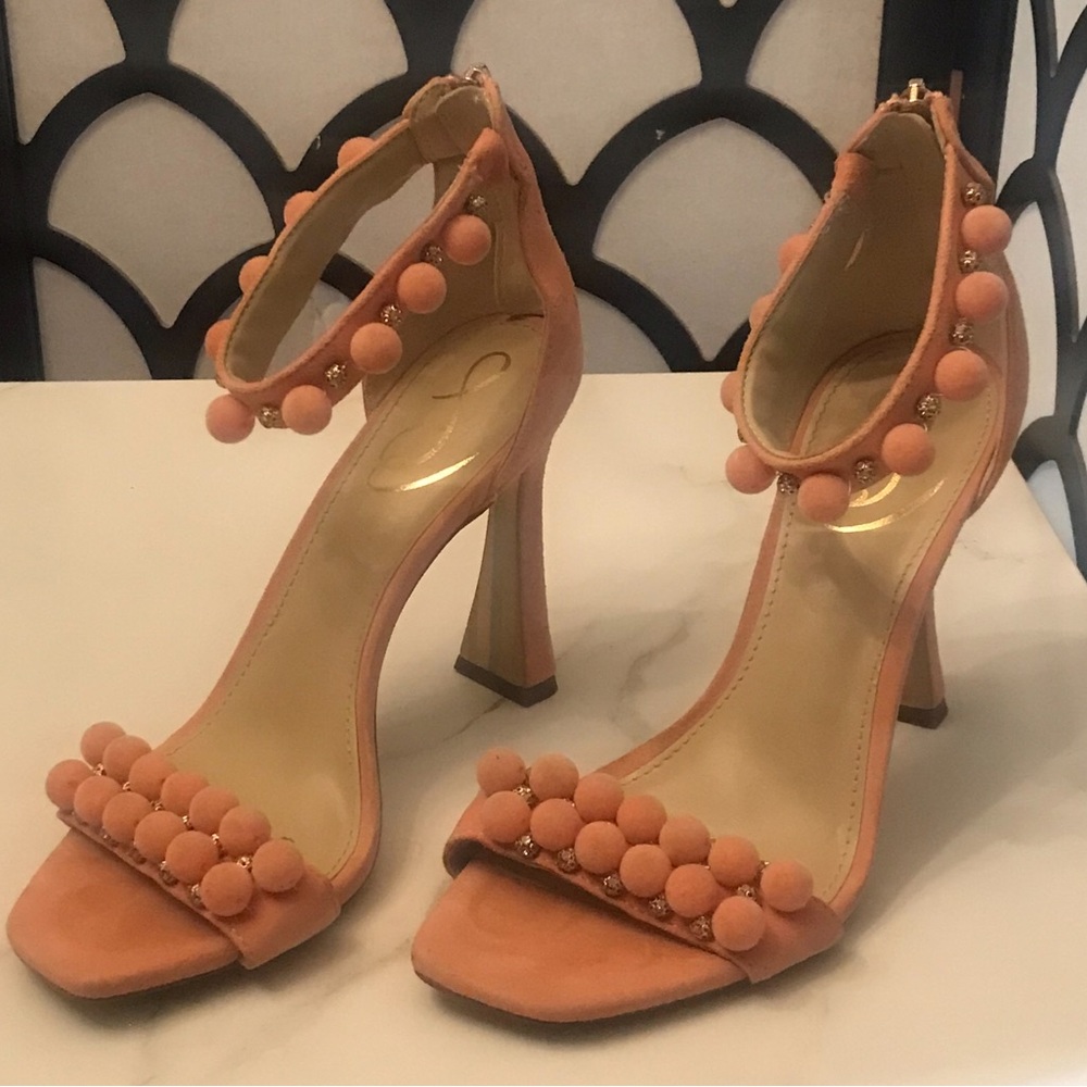 Peach Pom-Pom Ankle Strap High Heels - Women